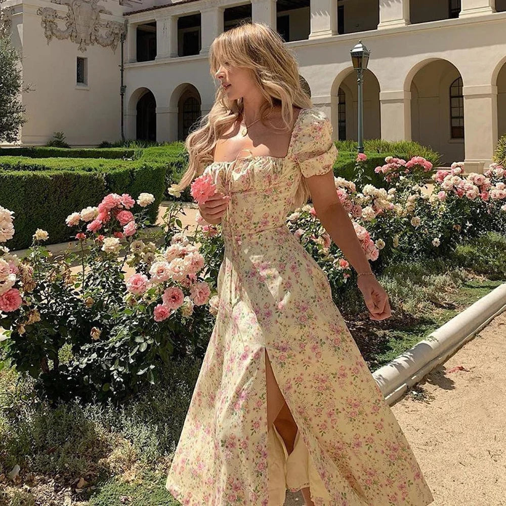 Timeless White Floral Slit Dress with Backless Design and Elegant Puff Sleeves