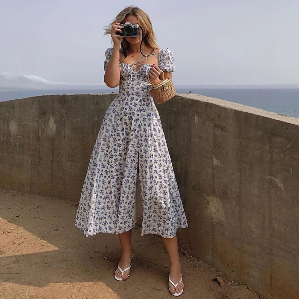 Timeless White Floral Slit Dress with Backless Design and Elegant Puff Sleeves