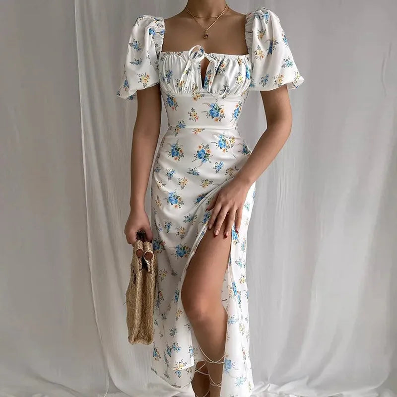 Timeless White Floral Slit Dress with Backless Design and Elegant Puff Sleeves